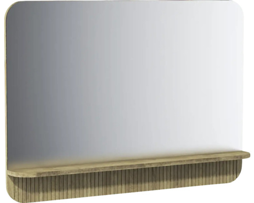 Miroir de salle de bain avec tablette et socle cannelé en aspect bois et coins arrondis.