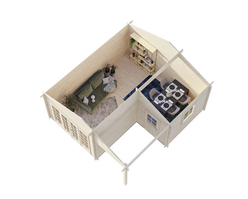 Vue intérieure d'une maison en bois avec salon et salle à manger