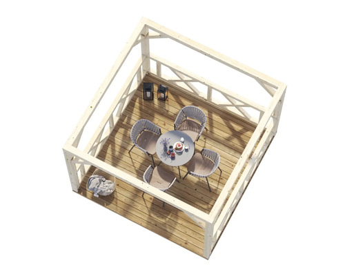 Holzpavillon mit Gartengarnitur auf Holzterrasse