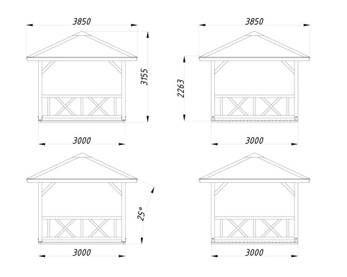 Technische Zeichnung eines Pavillons mit Massangaben