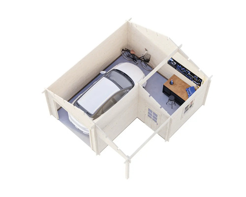 Garage avec zone d'atelier, comprenant voiture, vélo et établi