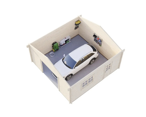 Garage en bois avec une voiture, des étagères et des outils