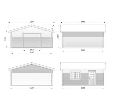 Schéma technique d'un abri de jardin avec indications de dimensions.