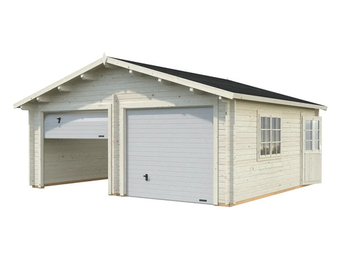 Doppelgarage aus Holz mit zwei Garagentoren, Fenster und Tür