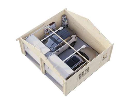 Doppelgarage aus Holz mit zwei Autos und Regal