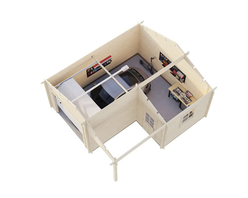 Schnittmodell einer Garage aus Holz mit zwei Autos, Werkbank und Zubehör