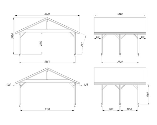 Technische Zeichnung eines Pavillons mit Maßangaben.