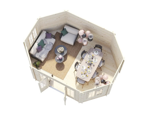 Vue intérieure d'un pavillon de jardin avec coin salon et table à manger