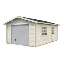 Garage en bois avec porte de garage, fenêtre et porte