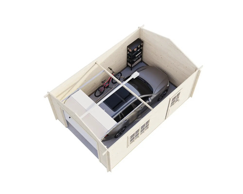 Garage en bois avec voiture, vélo et étagère de rangement