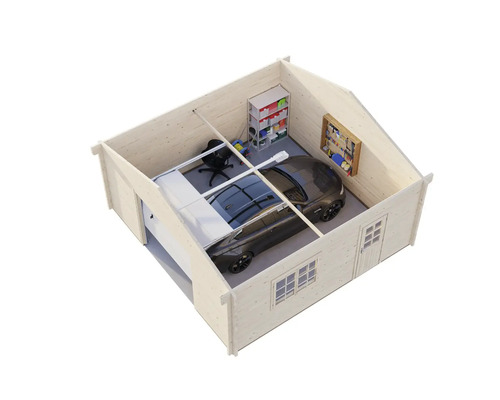 Garage aus Holz mit Auto, Regal und Werkzeugwand