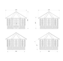 Zeichnung eines Gartenhauses mit Maßangaben
