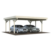 Double abri de voiture en bois avec deux voitures garées en dessous.