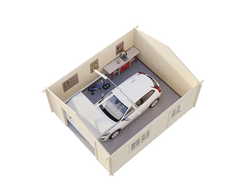 Garage en bois avec voiture, établi et outils