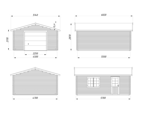 Dessin technique d'un garage en bois avec différentes vues et indications de dimensions.