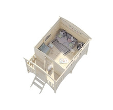 Maison de jeux en bois avec échelle et intérieur avec jouets et coussins