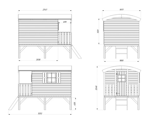 Dessin technique d'une cabane sur pilotis avec dimensions