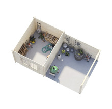 Vue d'un abri de jardin avec outils et accessoires de jardin