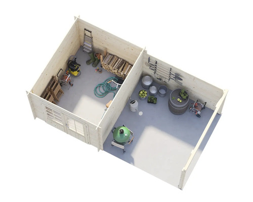 Vue d'un abri de jardin avec outils et accessoires de jardin