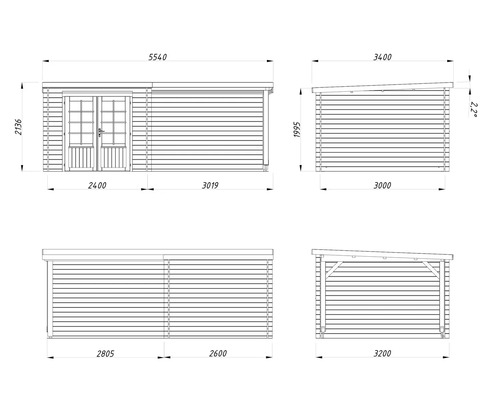 Schéma technique d'une cabane de jardin avec dimensions