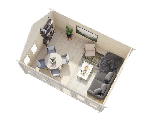 Vue intérieure d'une maison de jardin en bois clair avec meubles