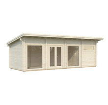 Abri de jardin en bois avec toit plat, fenêtres et porte double