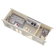 Plan d'une maison en bois avec salon, cuisine et chambre