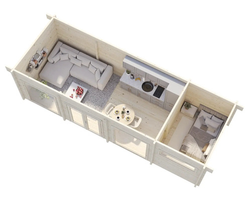 Plan d'une maison en bois avec salon, cuisine et chambre