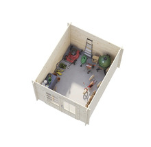 Vue d'un abri de jardin avec tondeuse à gazon, barbecue, échelle et outils de jardinage