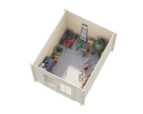 Vue d'un abri de jardin avec tondeuse à gazon, barbecue, échelle et outils de jardinage