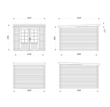 Dessin technique d'un abri de jardin avec dimensions.