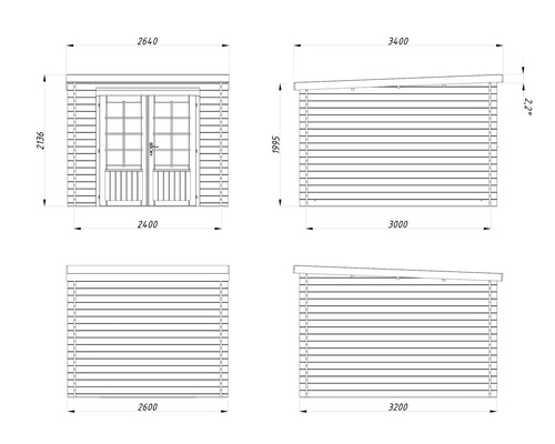 Dessin technique d'un abri de jardin avec dimensions.