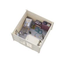 Abri de jardin en bois avec brouette, outils de jardinage, bottes en caoutchouc, meubles et vélo