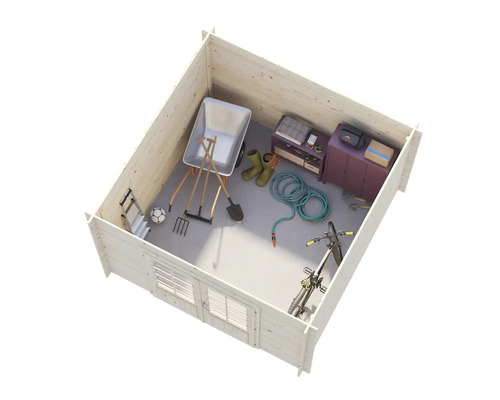 Abri de jardin en bois avec brouette, outils de jardinage, bottes en caoutchouc, meubles et vélo