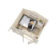 Vue intérieure d'une maison en bois avec lit, commode et fenêtre