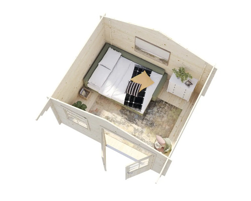 Vue intérieure d'une maison en bois avec lit, commode et fenêtre