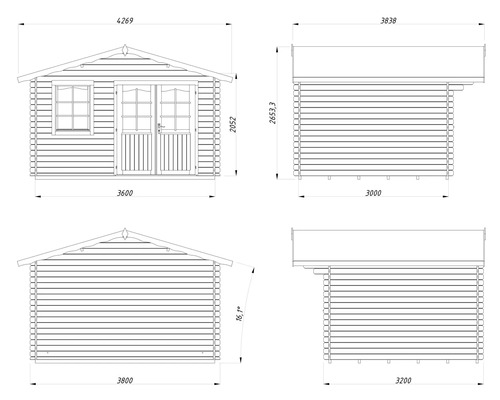Dessin technique d'un abri de jardin avec dimensions