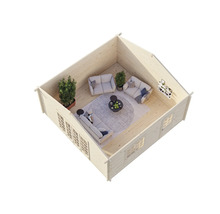 Vue intérieure d'un chalet en bois avec mobilier