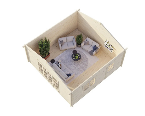 Vue intérieure d'un chalet en bois avec mobilier