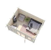 Vue intérieure d'une maison en bois avec lit, fauteuil, bureau et étagères