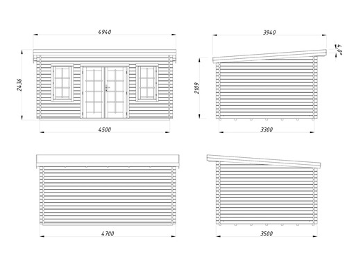 Schéma technique d'un abri de jardin avec dimensions.