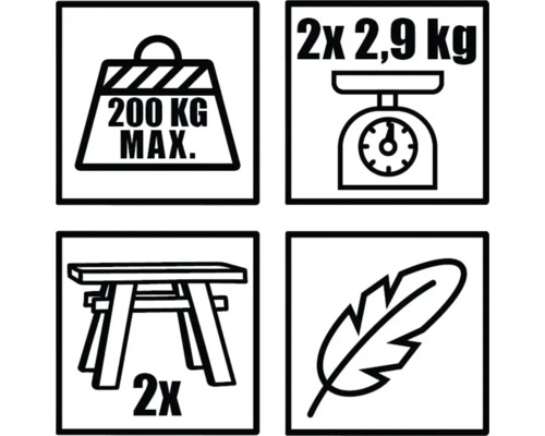 Symbole für maximale Belastung 200 Kilogramm, Gewicht 2 mal 2,9 Kilogramm, zwei Stück und geringes Gewicht