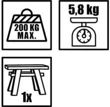 Symboles indiquant une charge maximale de 200 kilogrammes, un poids de 5,8 kilogrammes et un tabouret