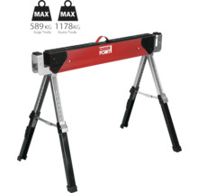 Logo Cargo Point sur un tréteau de chantier rouge et argenté avec une charge maximale de 589 kilogrammes pour un tréteau simple et de 1178 kilogrammes pour un tréteau double.