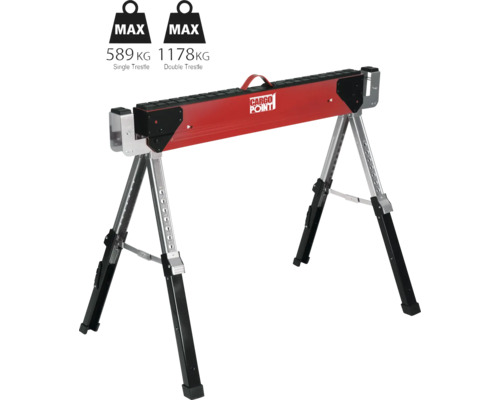 Logo Cargo Point sur un tréteau de chantier rouge et argenté avec une charge maximale de 589 kilogrammes pour un tréteau simple et de 1178 kilogrammes pour un tréteau double.