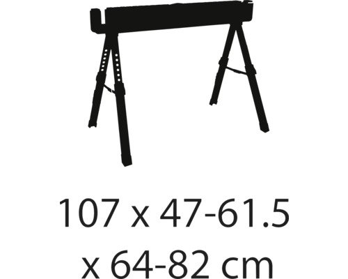 Deux tréteaux réglables en hauteur mesurant 107 x 47-61,5 x 64-82 cm.