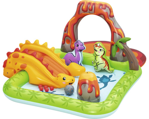 Aufblasbares Planschbecken mit Dinosaurier-Motiv, Rutsche und Vulkanbogen