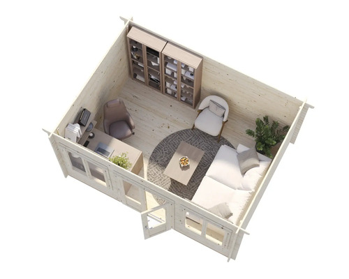 Vue intérieure d'une cabane de jardin avec coin bureau et coin salon