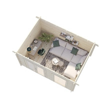 Intérieur d'un abri de jardin avec coin salon et bureau