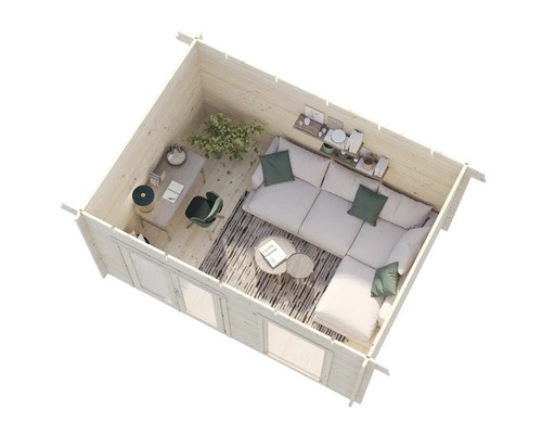 Intérieur d'un abri de jardin avec coin salon et bureau